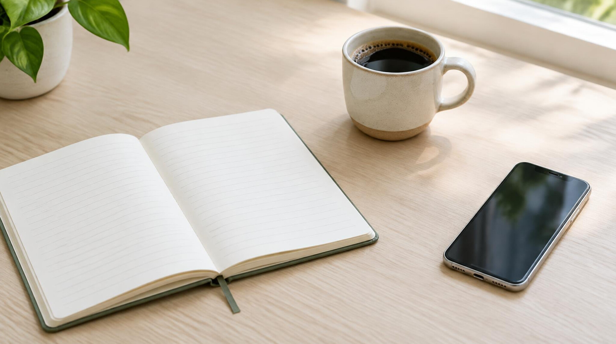Notebook, coffee cup and smartphone on a light desk