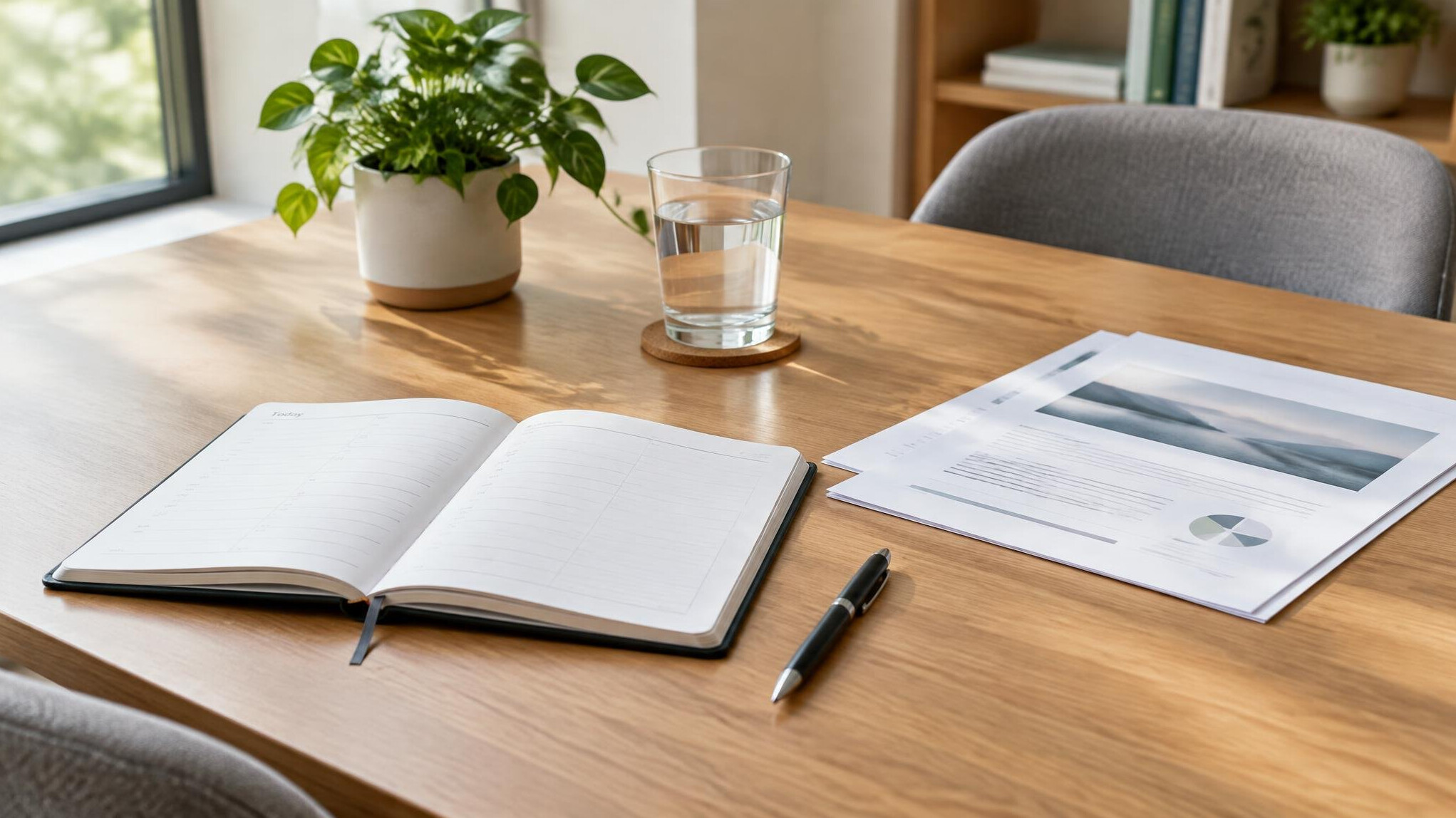 Planner, documents and a pen on a table ready for a consultation