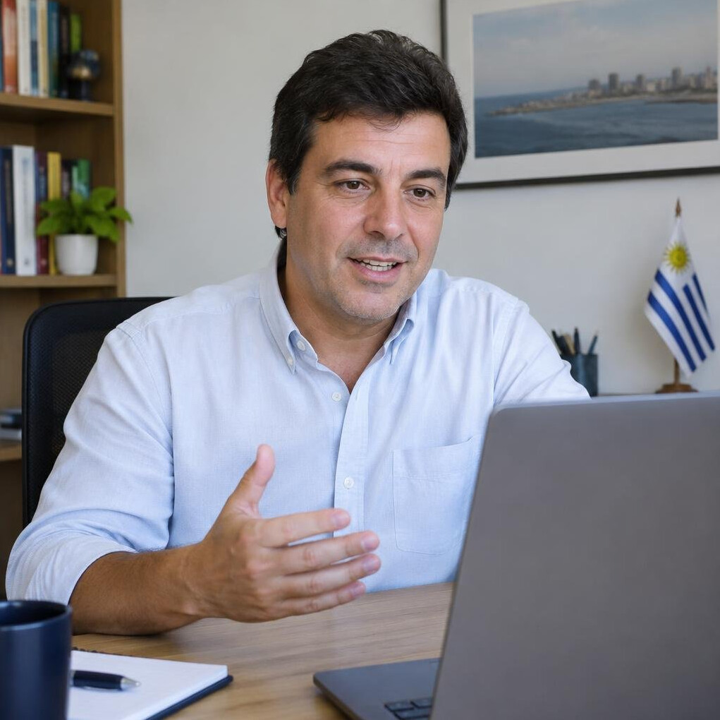 Uruguayan man in his forties on a video call from a laptop in a home office