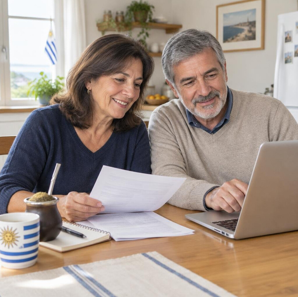 Older Uruguayan couple reviewing papers together at a kitchen table with a laptop