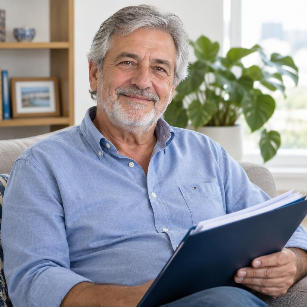Smiling Uruguayan man in his sixties holding documents at home
