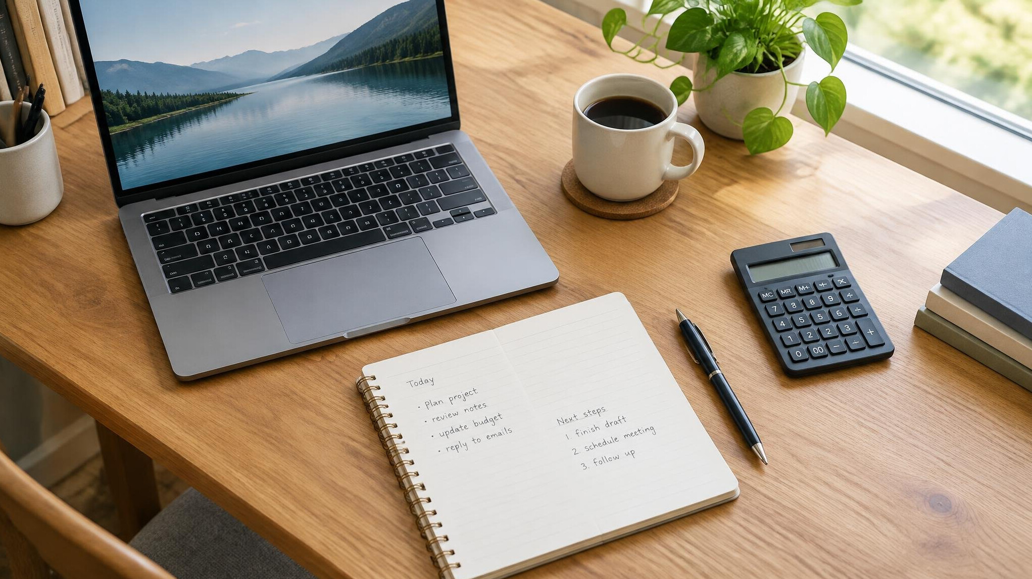 Laptop, notebook and calculator on a tidy wooden desk